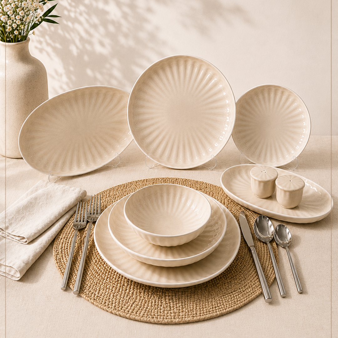 Bricard Remy 27-teiliges Porzellan-Geschirrset | Weiß – Taupe