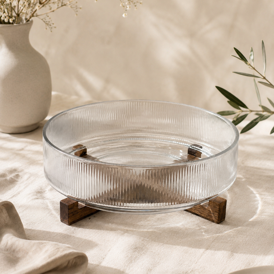 Bavary Glas-Servierschale mit Reliefmuster und Holzhalter – Big Size