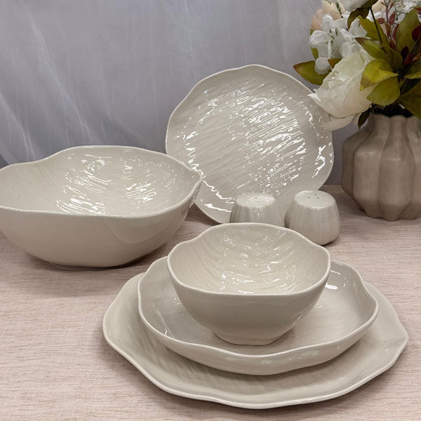 BAVARY Wave Porseleinen Serviesset 27-delig – Wit – Tafelservies 6 Personen – Wave-Design Bordenset – Dinerbord, Diep Bord, Dessertbord, Kom & Slakom Zout & Peper – Vaatwasser- & Magnetronbestendig