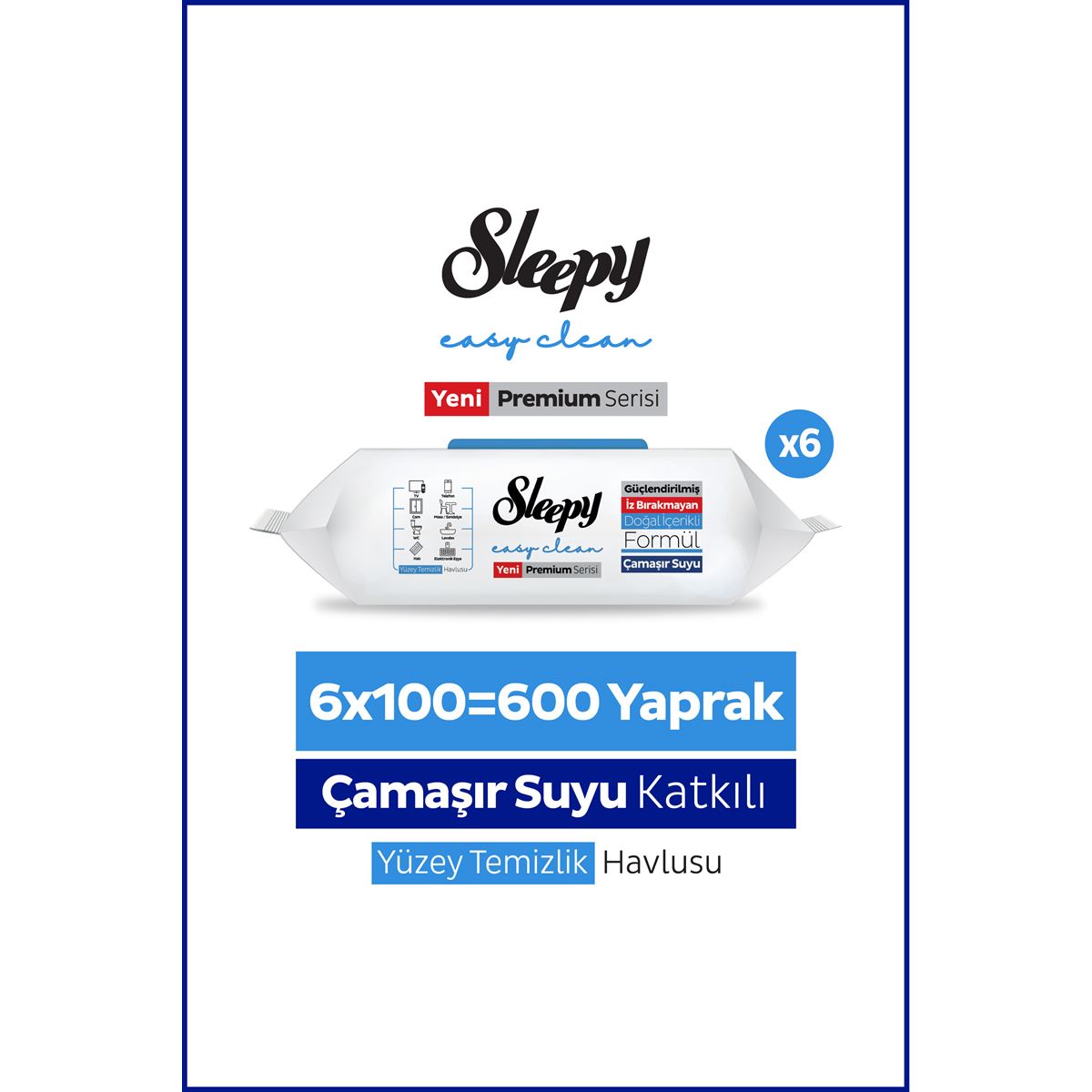 Sleepy Easy Clean Premium Çamaşır Suyu Katkılı Yüzey Temizlik Havlusu Mendili 6x100 (600 Yaprak)