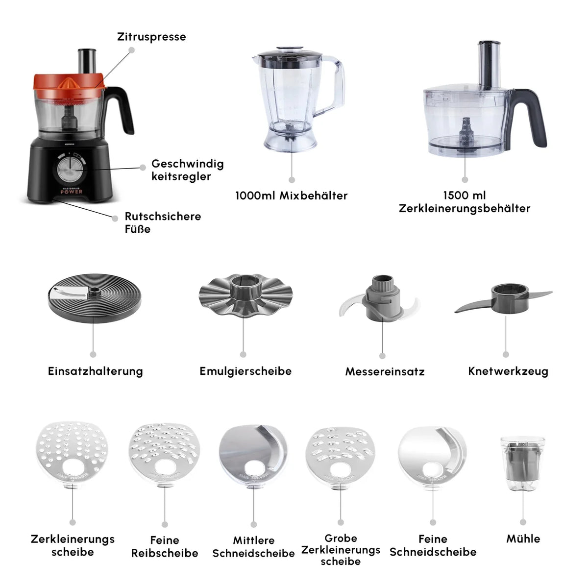 Karaca Mastermaid Power Max 11 in 1 Mutfak Robotu, Mat Siyah Gümüş, 2500 W