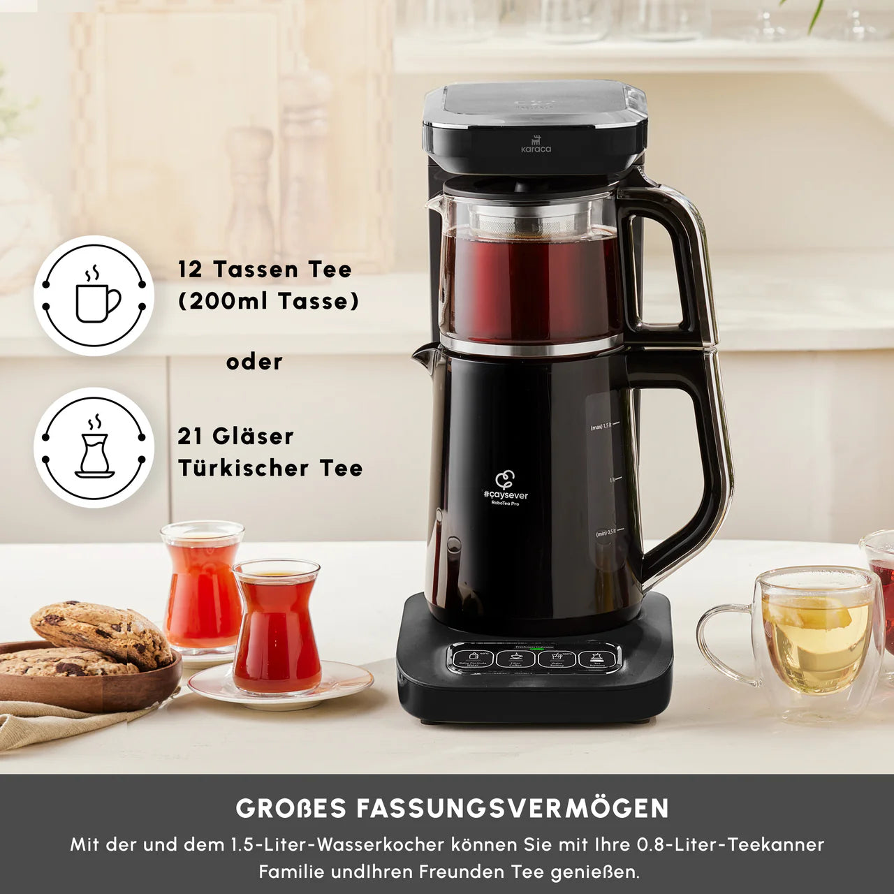 Karaca Çaysever Robotea Pro: automatische theezetmachine met spraakfunctie en filterkoffiezetapparaat in chroom