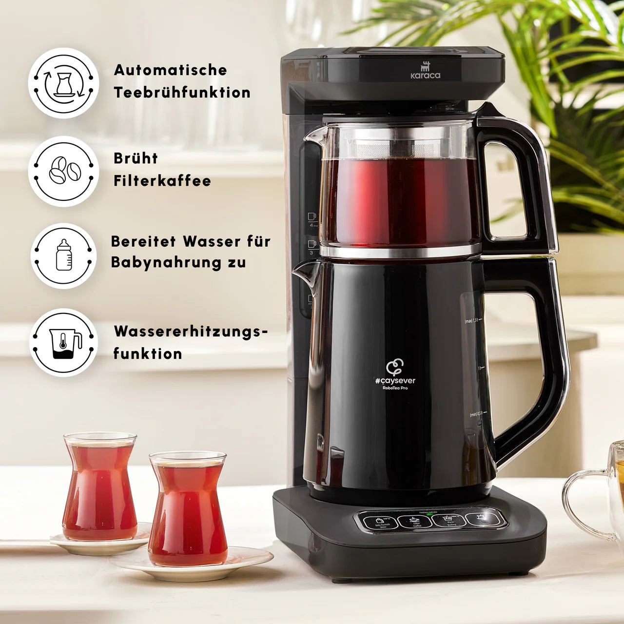 Karaca Çaysever Robotea Pro: automatische theezetmachine met spraakfunctie en filterkoffiezetapparaat in chroom