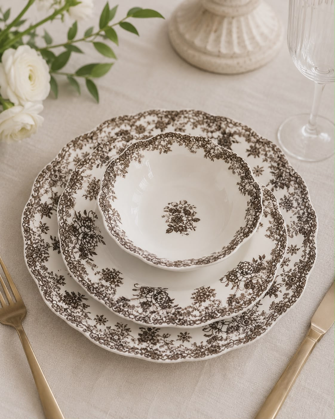 BAVARY Vintage 25 Parça 6 Kişilik Porselen Yemek Takımı – Kahverengi Çiçek Desenli
