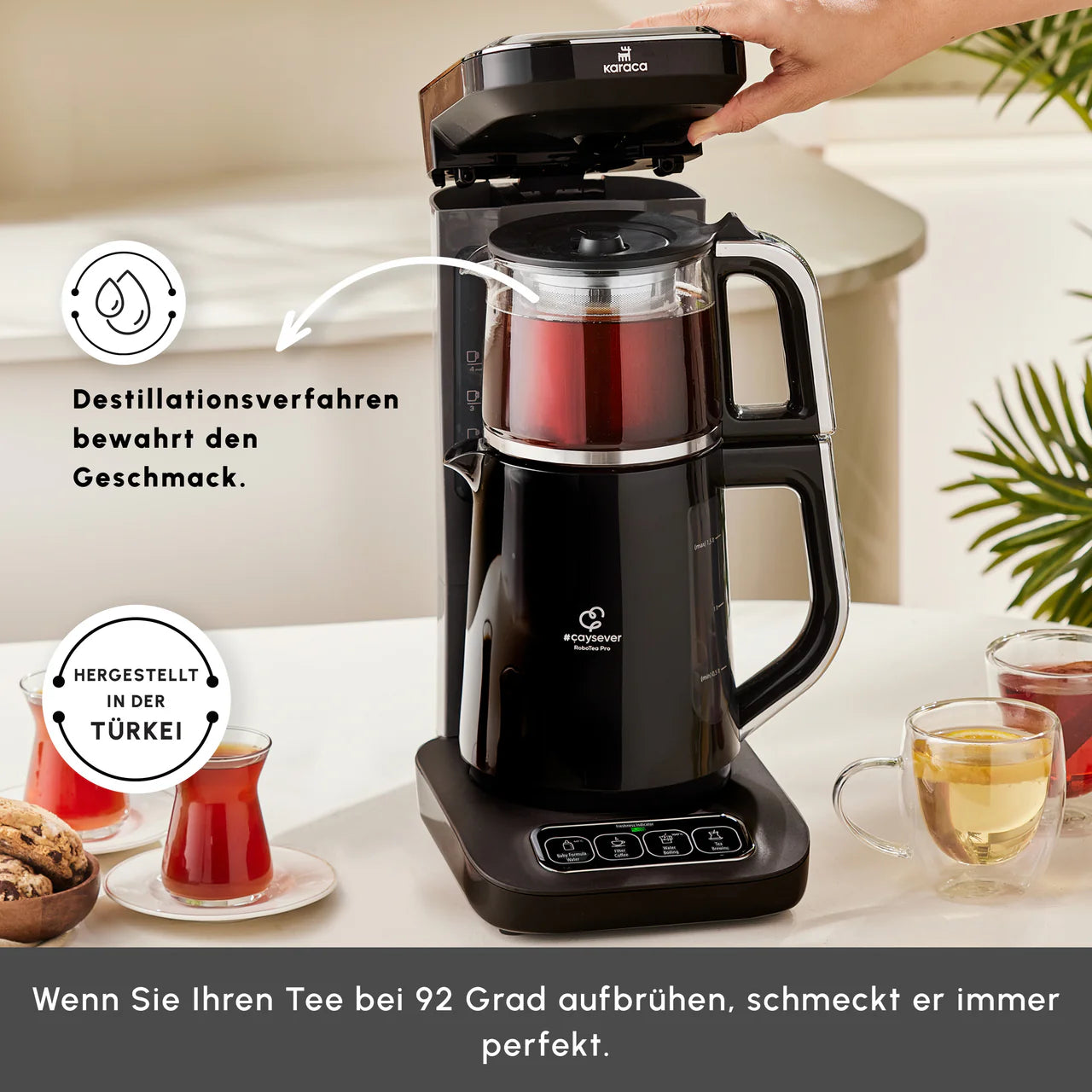 Karaca Çaysever Robotea Pro: automatische theezetmachine met spraakfunctie en filterkoffiezetapparaat in chroom