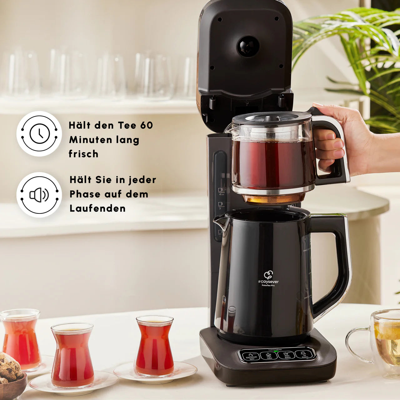 Karaca Çaysever Robotea Pro: automatische theezetmachine met spraakfunctie en filterkoffiezetapparaat in chroom