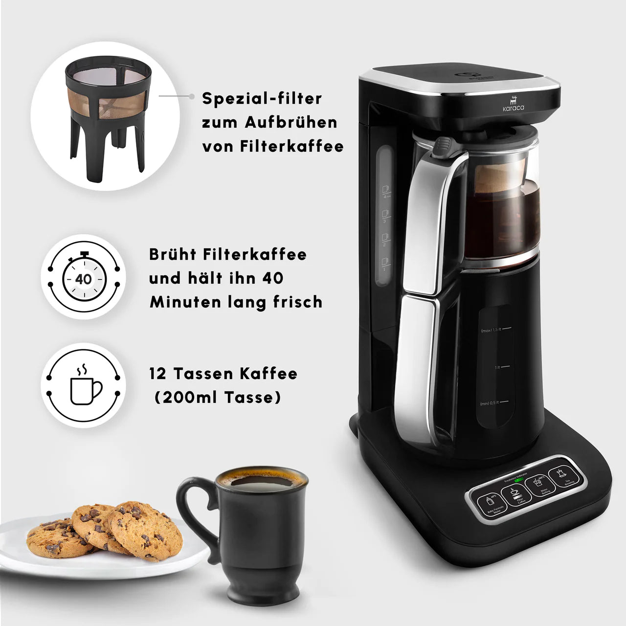 Karaca Çaysever Robotea Pro: automatische theezetmachine met spraakfunctie en filterkoffiezetapparaat in chroom