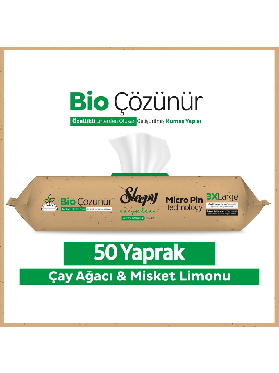 Sleepy Bio Çözünür Yüzey Temizlik Havlusu & Mendili Çay Ağacı & Misket Limonu 50 Yaprak
