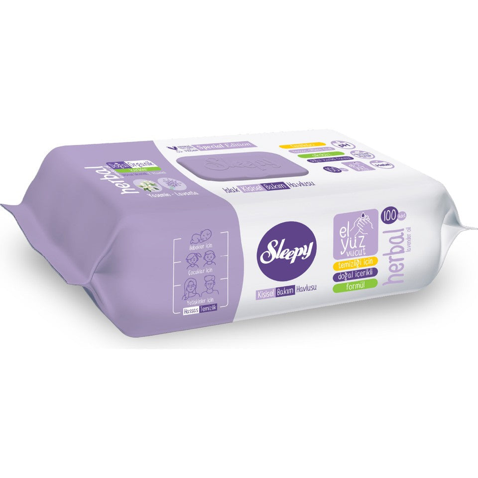 Sleepy Herbal verzorgingsdoekjes, 100 stuks, met de geur van jasmijn en lavendel, voor een milde reiniging