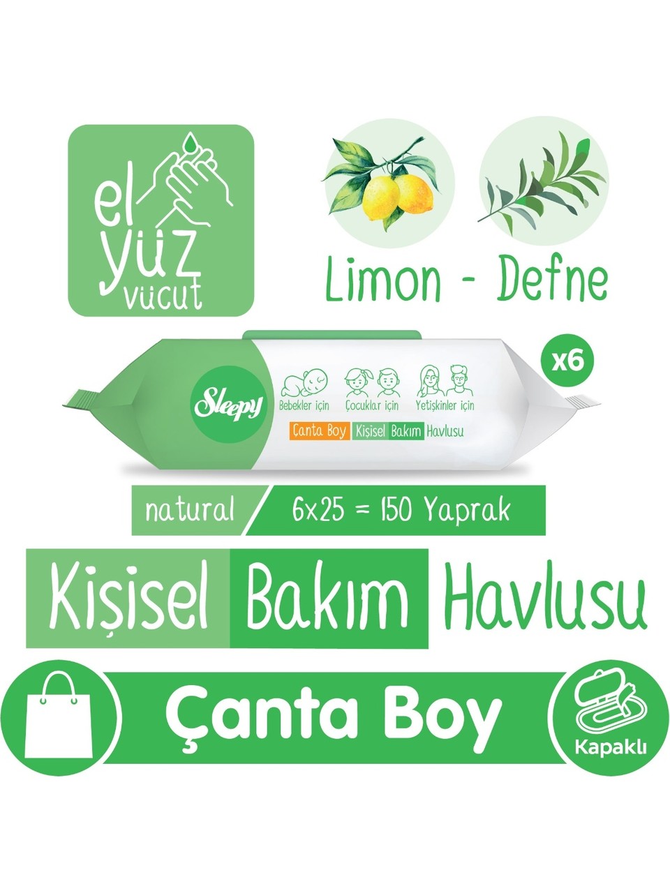 Sleepy Natural Kişisel Bakım Havlusu Çanta Boy 6 Paket Limon ve Defne Kokusuyla Temizleyici