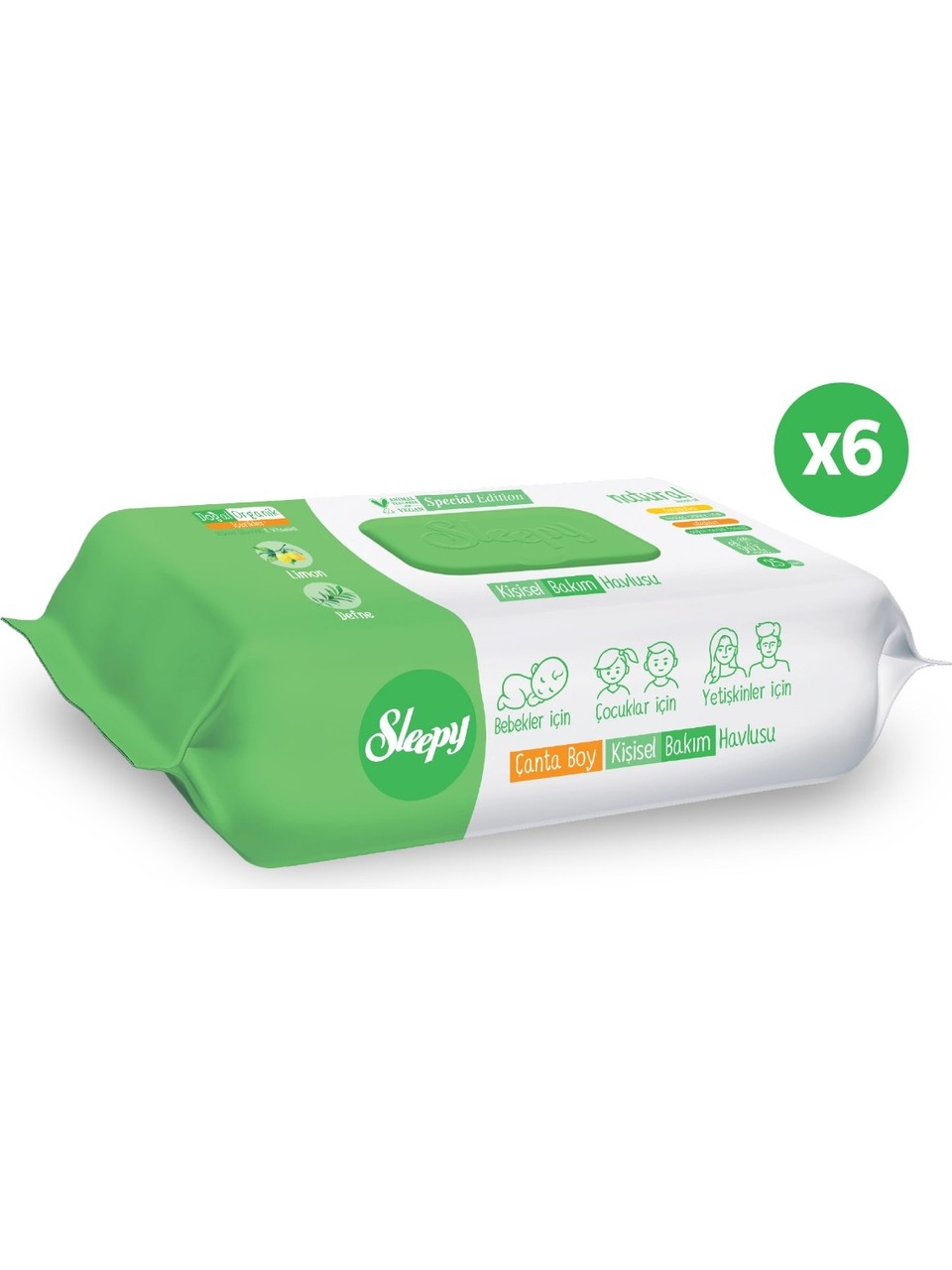 Sleepy Natural Kişisel Bakım Havlusu Çanta Boy 6 Paket Limon ve Defne Kokusuyla Temizleyici