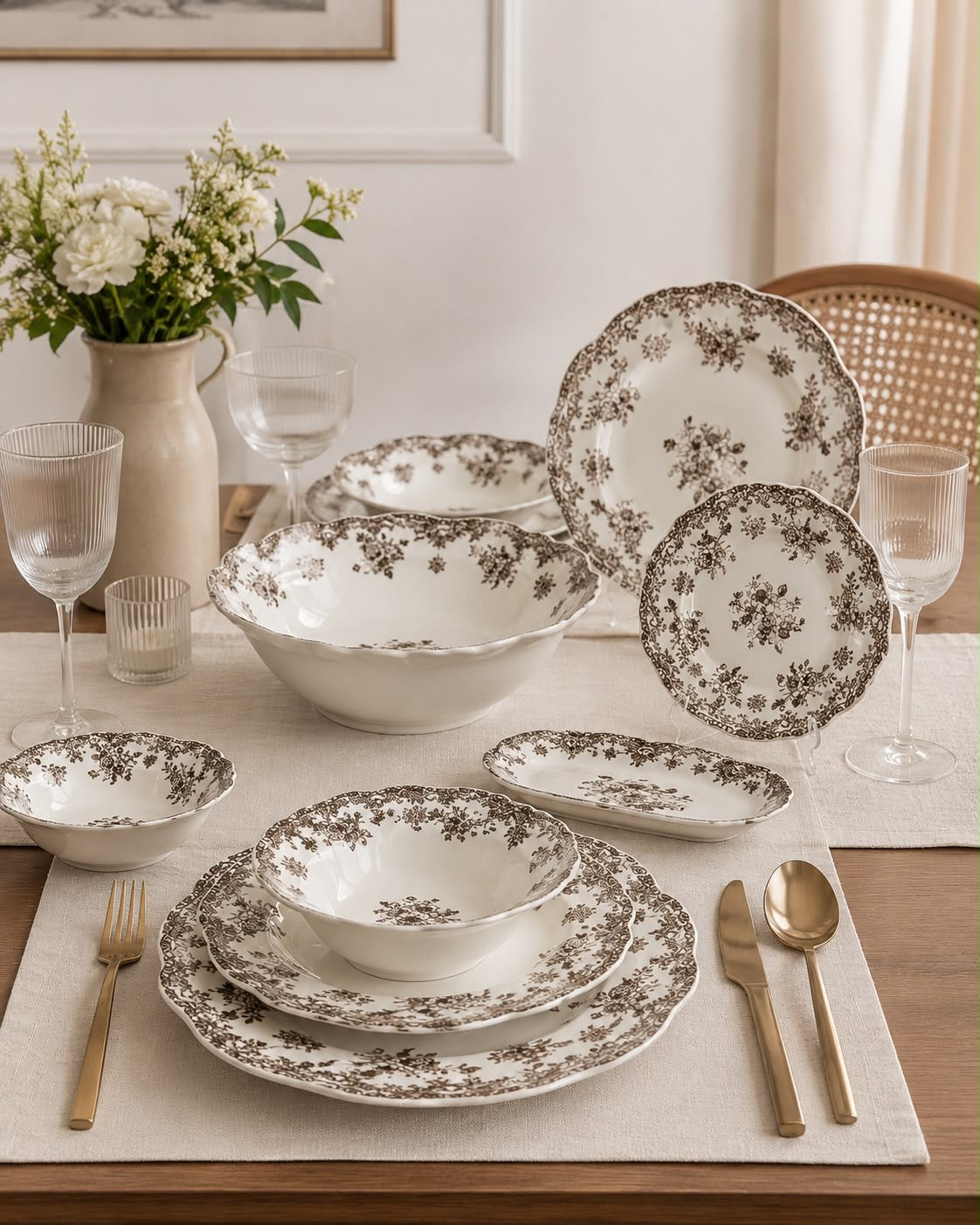 BAVARY Vintage 25 Parça 6 Kişilik Porselen Yemek Takımı – Kahverengi Çiçek Desenli