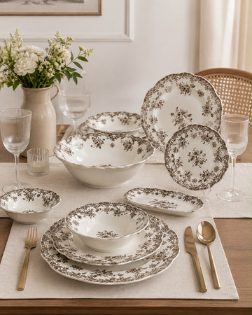 BAVARY Vintage 25 Parça 6 Kişilik Porselen Yemek Takımı – Kahverengi Çiçek Desenli