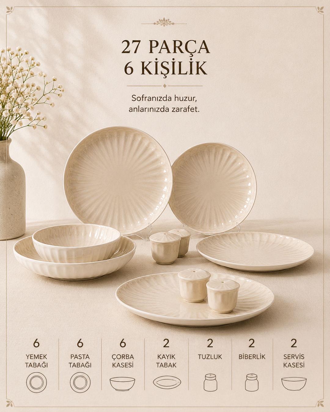 Bricard Remy 27-teiliges Porzellan-Geschirrset | Weiß – Taupe | Für 6 Personen