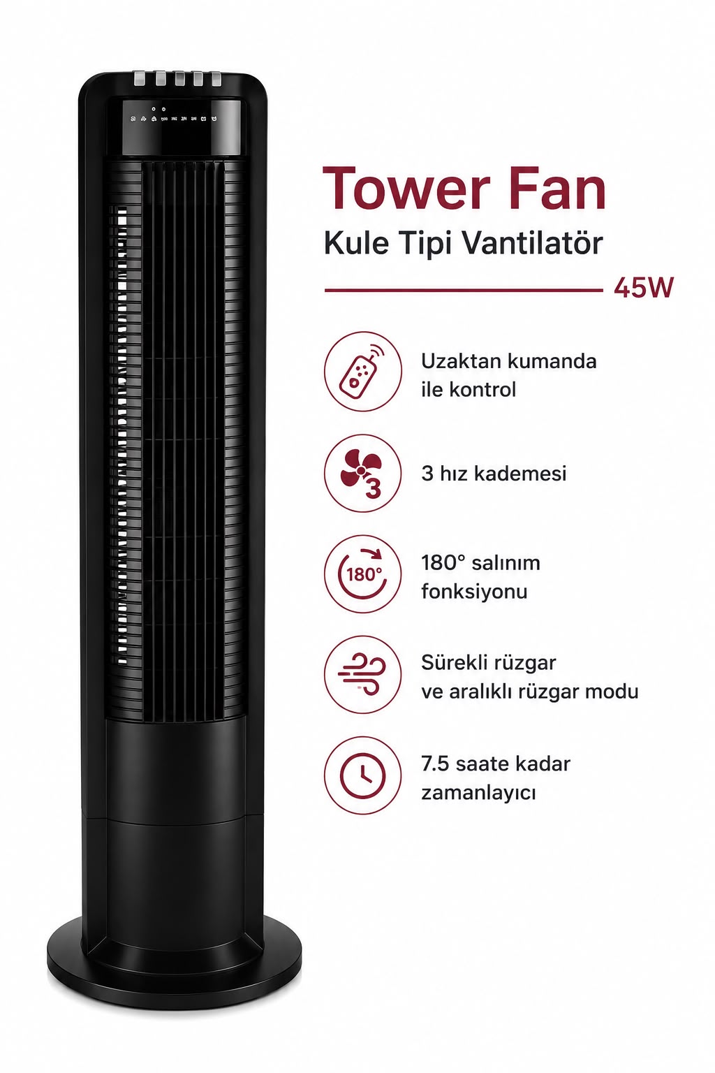 Tower Fan 45W- Uzaktan Kumandalı Kule Tipi Vantilatör