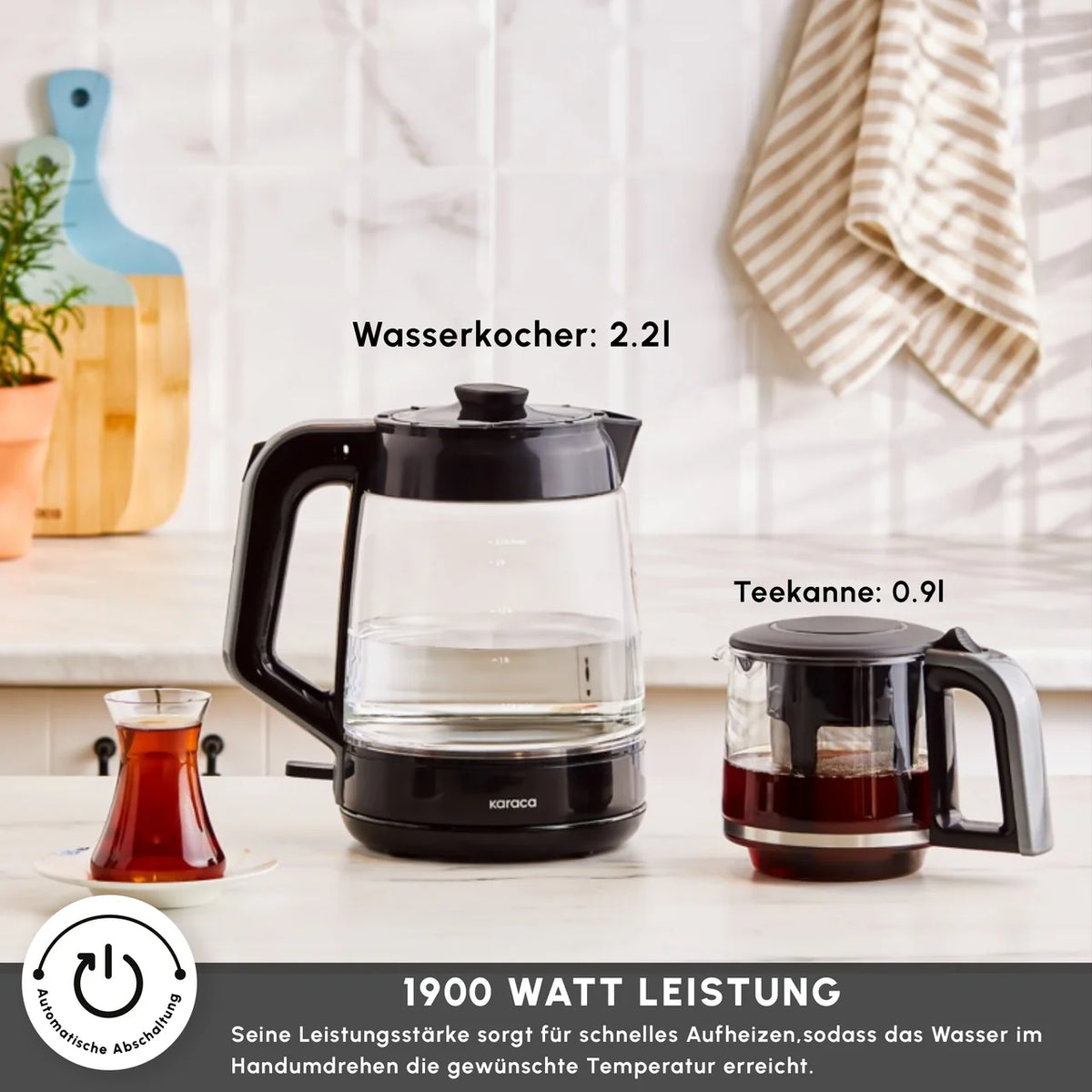 Karaca Glass Tea XL 2 in 1 Cam Çay Makinesi Shiny Black