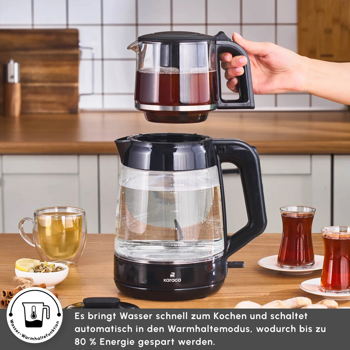 Karaca Glass Tea XL 2 in 1 Cam Çay Makinesi Shiny Black