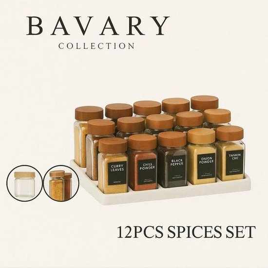 Bavary Gewürzständer – 12er-Set – Gläser mit Deckel – mit Holzständer