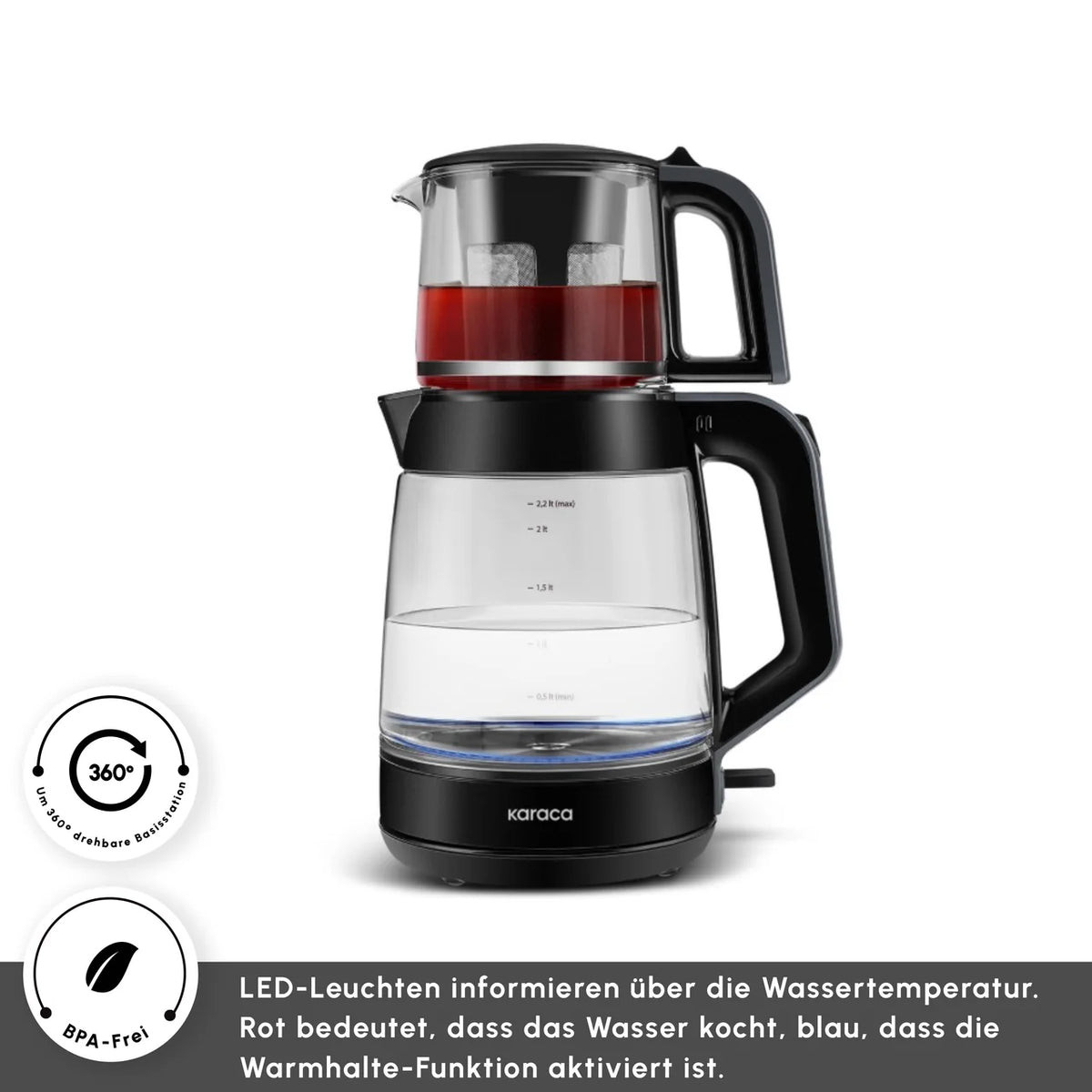 Karaca Glass Tea XL 2 in 1 Cam Çay Makinesi Shiny Black