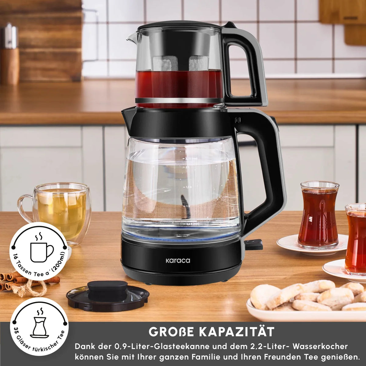 Karaca Glass Tea XL 2 in 1 Cam Çay Makinesi Shiny Black