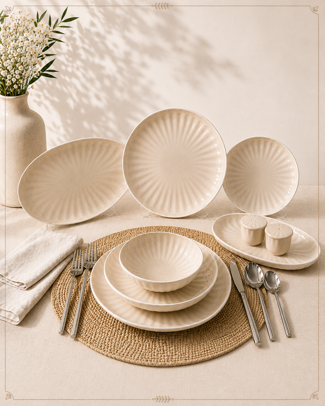 Bricard Remy 27-teiliges Porzellan-Geschirrset | Weiß – Taupe | Für 6 Personen