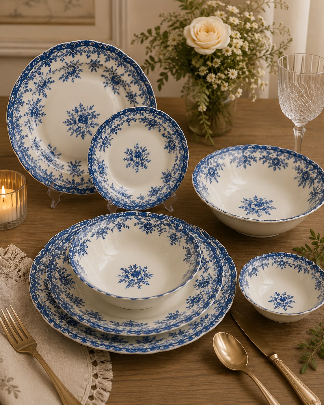 BAVARY Vintage 25 parça 6 kişilik porselen yemek takımı- Mavi çiçek desenli