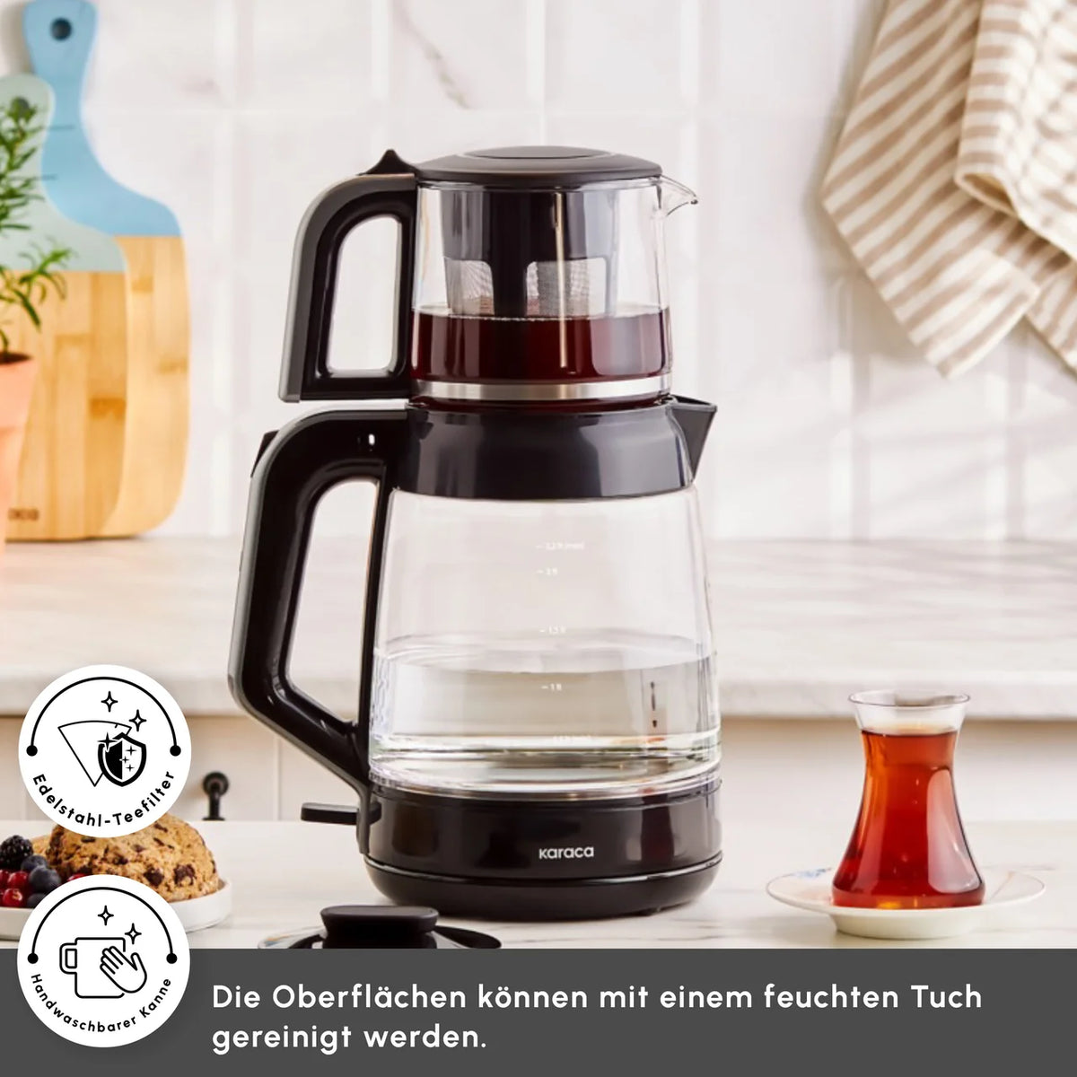 Karaca Glass Tea XL 2 in 1 Cam Çay Makinesi Shiny Black