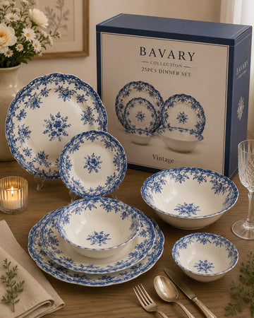 BAVARY Vintage 25 parça 6 kişilik porselen yemek takımı- Mavi çiçek desenli