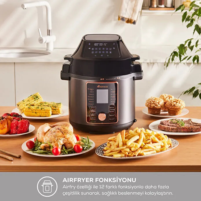 Karaca Cooker 2 in 1 Çok Amaçlı Basınçlı Pişirici Akıllı Elektrikli Düdüklü Tencere ve Airfryer Matte Black 6L