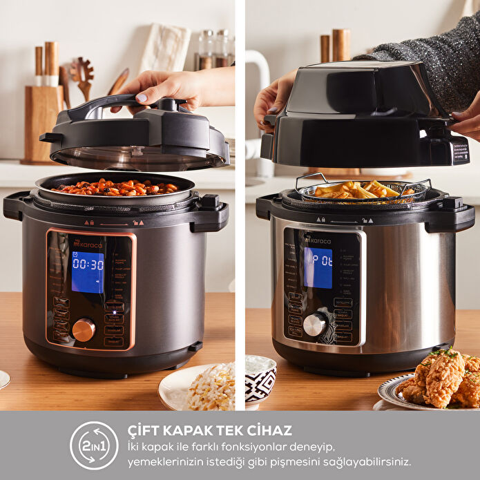 Karaca Cooker 2 in 1 Çok Amaçlı Basınçlı Pişirici Akıllı Elektrikli Düdüklü Tencere ve Airfryer Matte Black 6L