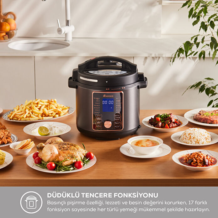 Karaca Cooker 2 in 1 Çok Amaçlı Basınçlı Pişirici Akıllı Elektrikli Düdüklü Tencere ve Airfryer Matte Black 6L