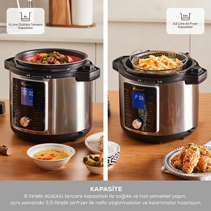 Karaca Cooker 2 in 1 Çok Amaçlı Basınçlı Pişirici Akıllı Elektrikli Düdüklü Tencere ve Airfryer Matte Black 6L
