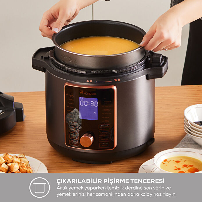 Karaca Cooker 2 in 1 Çok Amaçlı Basınçlı Pişirici Akıllı Elektrikli Düdüklü Tencere ve Airfryer Matte Black 6L
