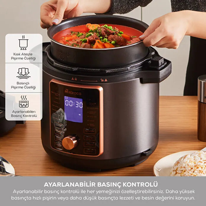 Karaca Cooker 2 in 1 Çok Amaçlı Basınçlı Pişirici Akıllı Elektrikli Düdüklü Tencere ve Airfryer Matte Black 6L