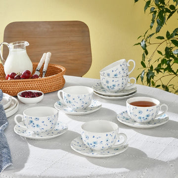 Karaca Blossom 6 Kişilik 12 Parça Bone China Çay Fincanı ve Tabak Seti, 220 ml, Mavi
