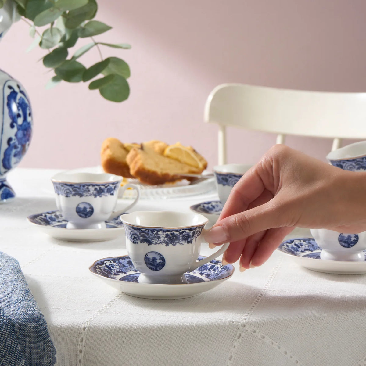 Karaca Old Town 6 Kişilik 12 Parça Bone China Espresso Türk Kahvesi Fincan Takımı, 80 ml, Mavi