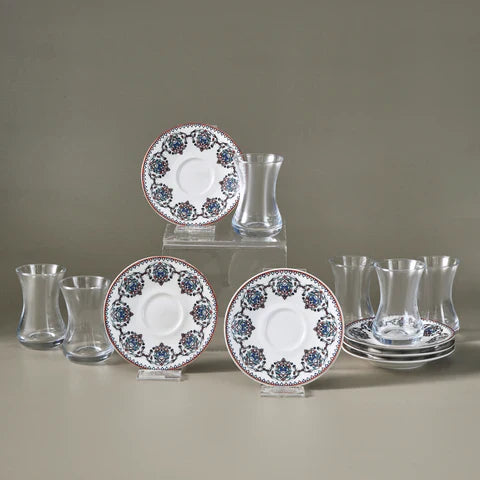 Karaca Nakkaş 6 Kişilik 12 Parça Bone China Çay Takımı, 130 ml, Kırmızı