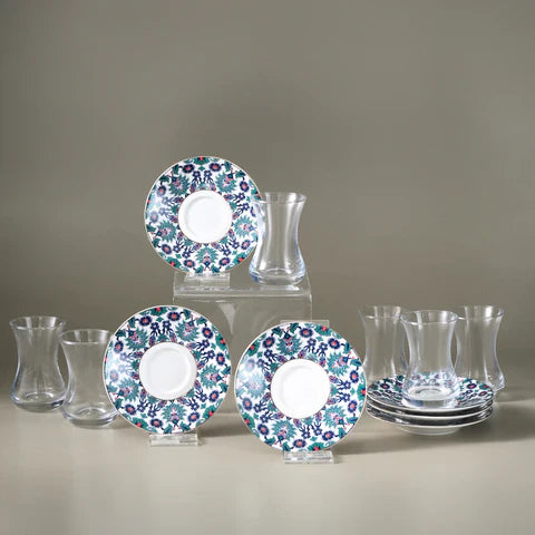 Karaca Edirne 6-teiliges 12-teiliges Bone-China-Tee-Set im türkischen Stil, 130 ml, mehrfarbig