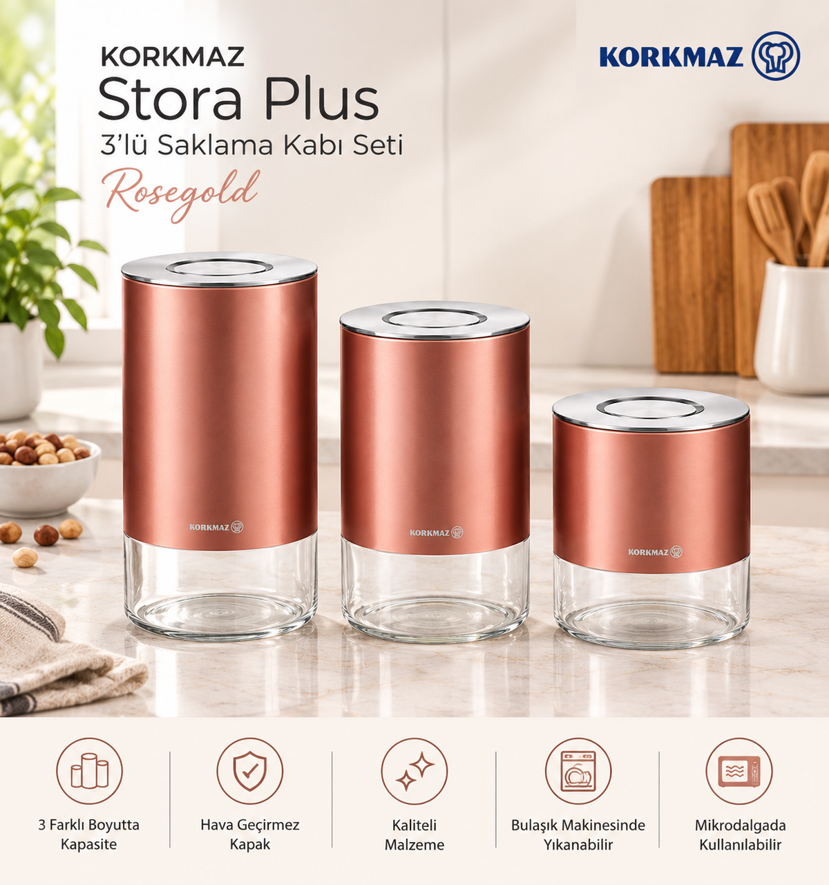 Korkmaz Stora Plus 3’lü Rosegold Saklama Kabı Seti
