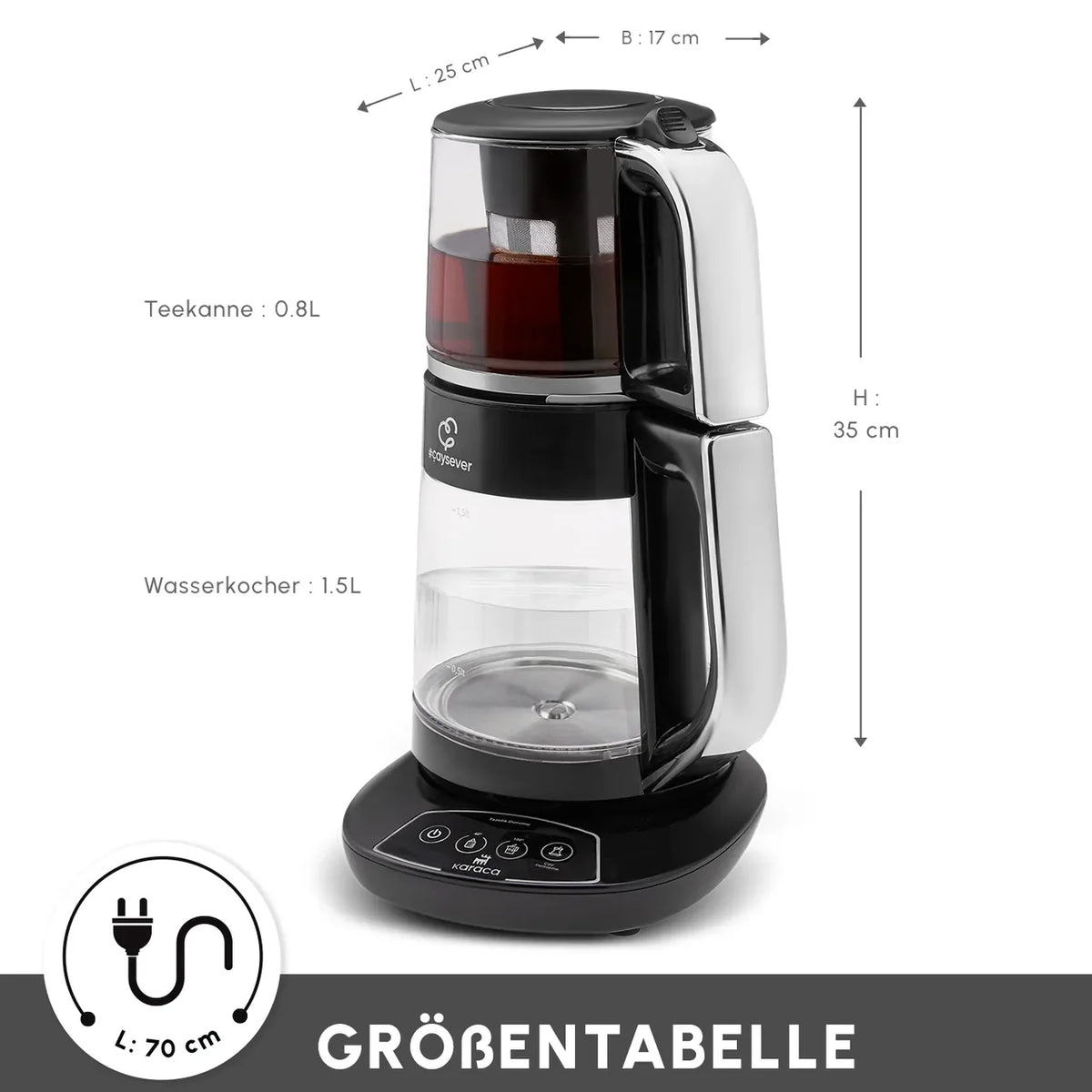 Karaca Çaysever 3-in-1 pratende glazen theezetapparaat, waterkoker en babyvoedingbereider, 1700 W, chroom