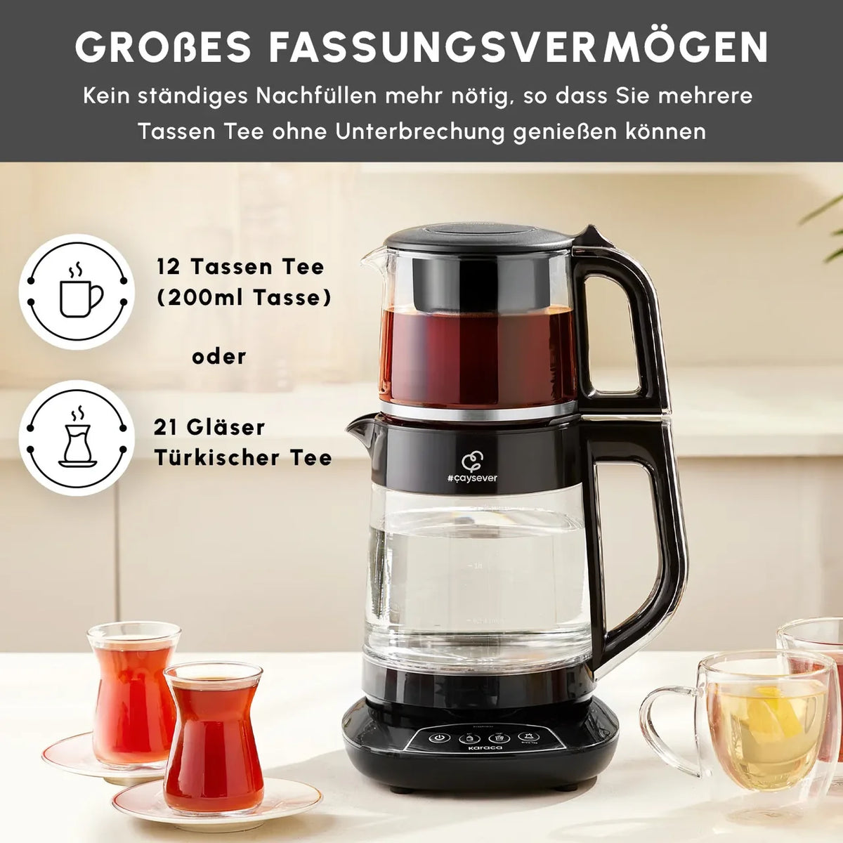Karaca Çaysever 3-in-1 pratende glazen theezetapparaat, waterkoker en babyvoedingbereider, 1700 W, chroom