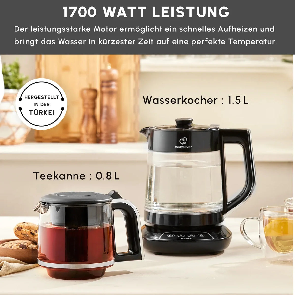 Karaca Çaysever 3-in-1 pratende glazen theezetapparaat, waterkoker en babyvoedingbereider, 1700 W, chroom