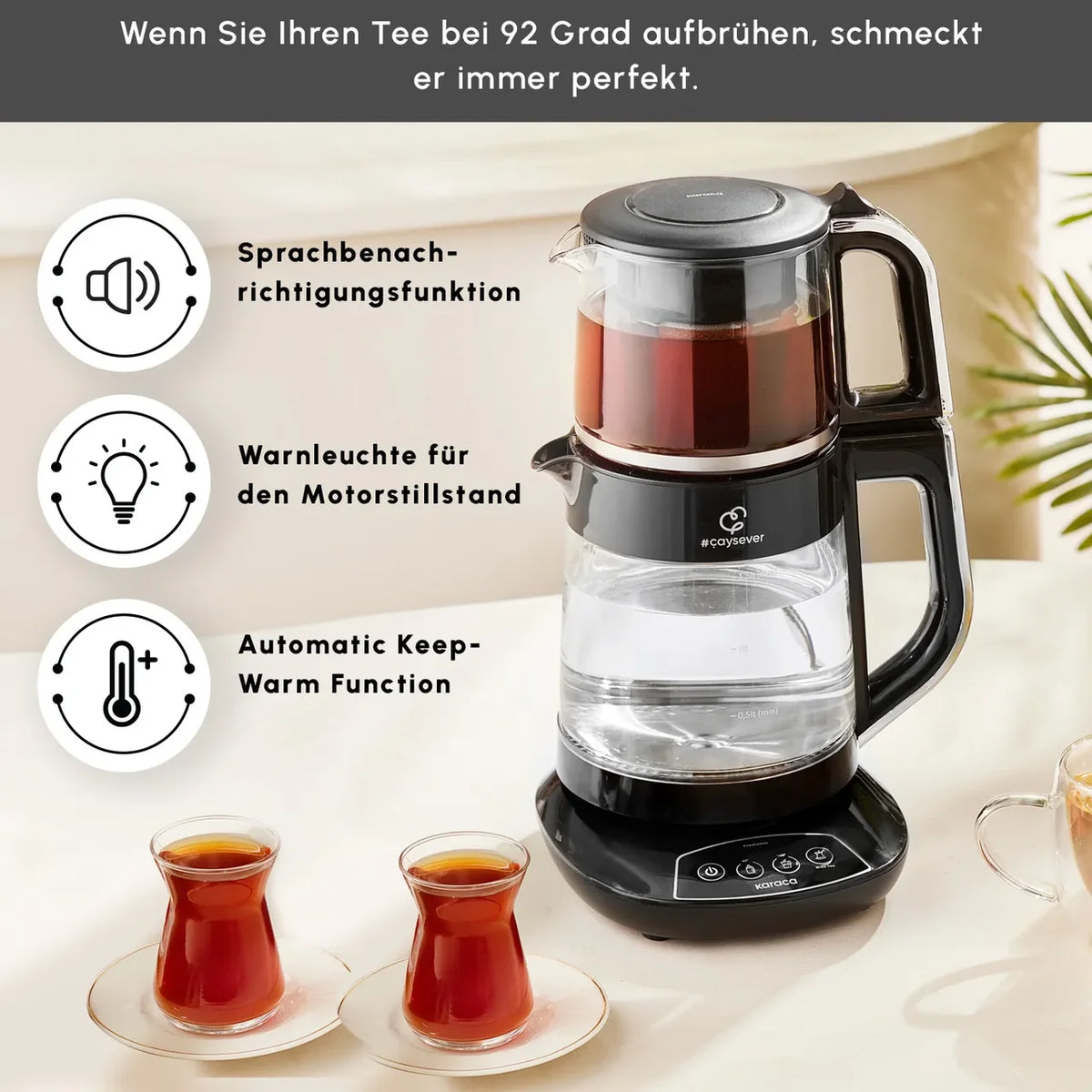 Karaca Çaysever 3-in-1 pratende glazen theezetapparaat, waterkoker en babyvoedingbereider, 1700 W, chroom