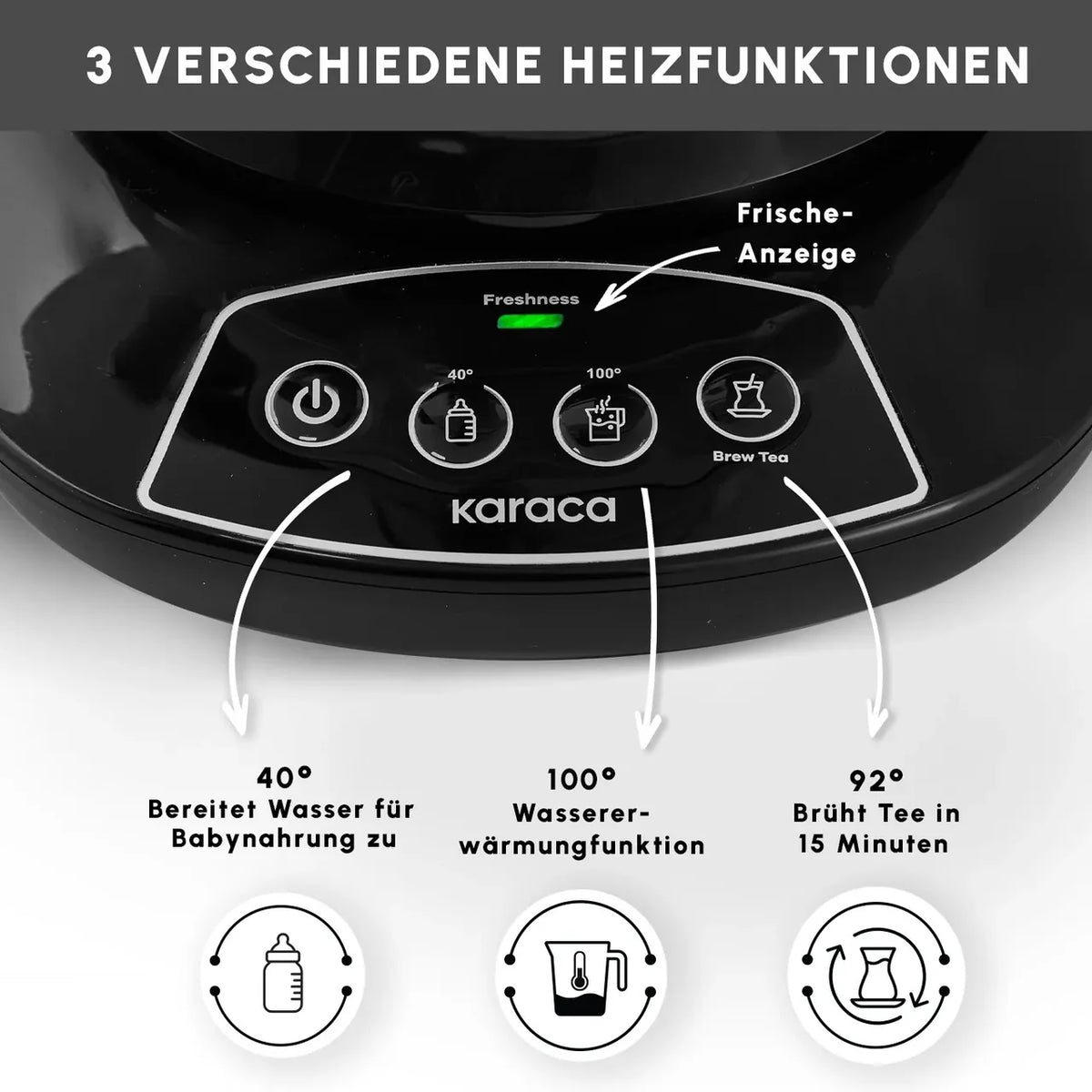 Karaca Çaysever 3-in-1 pratende glazen theezetapparaat, waterkoker en babyvoedingbereider, 1700 W, chroom