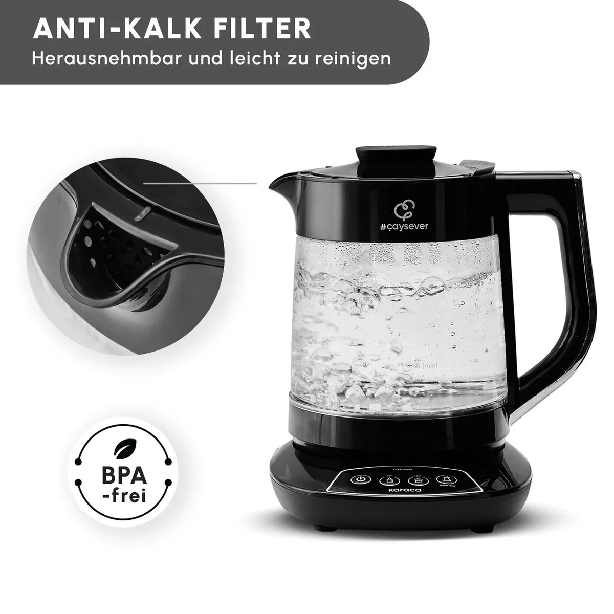 Karaca Çaysever 3-in-1 pratende glazen theezetapparaat, waterkoker en babyvoedingbereider, 1700 W, chroom