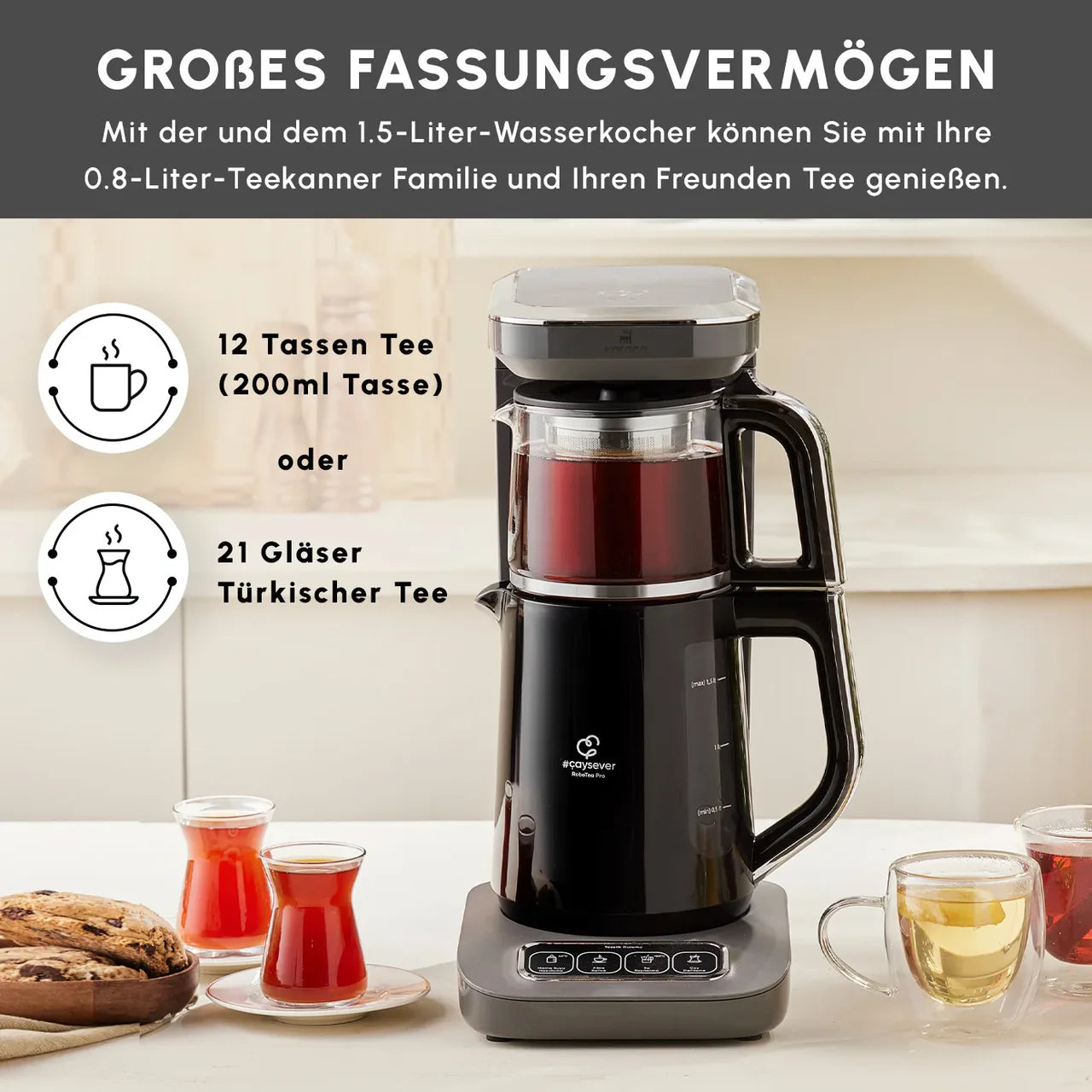 Karaca Çaysever Robotea Pro 4-in-1 sprekende automatische theezetapparaat en filterkoffiezetapparaat, grijs
