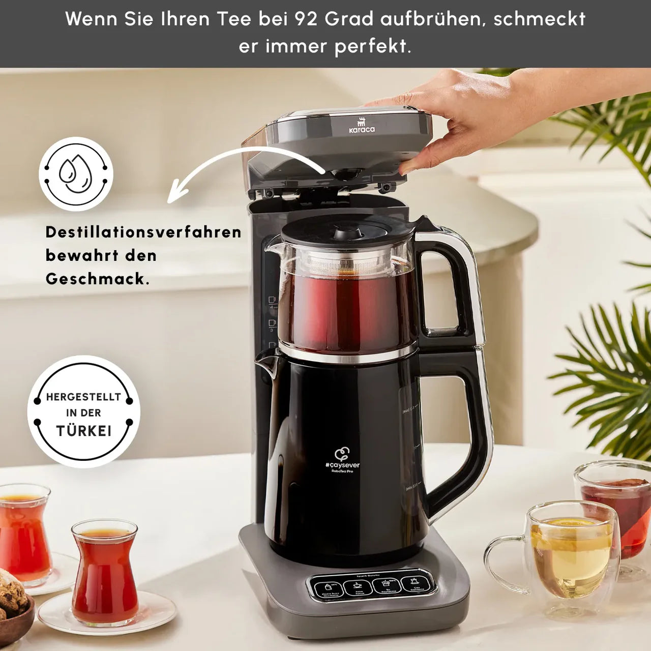 Karaca Çaysever Robotea Pro 4-in-1 sprekende automatische theezetapparaat en filterkoffiezetapparaat, grijs