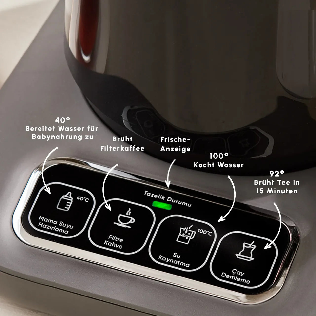 Karaca Çaysever Robotea Pro 4-in-1 sprekende automatische theezetapparaat en filterkoffiezetapparaat, grijs