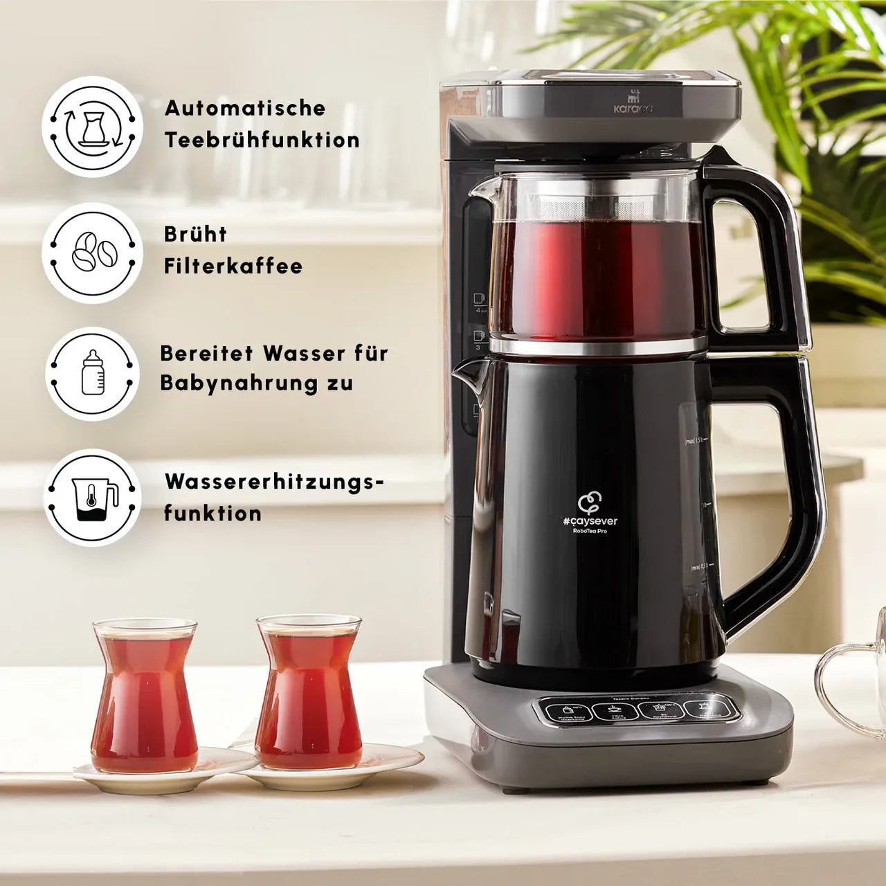 Karaca Çaysever Robotea Pro 4-in-1 sprekende automatische theezetapparaat en filterkoffiezetapparaat, grijs