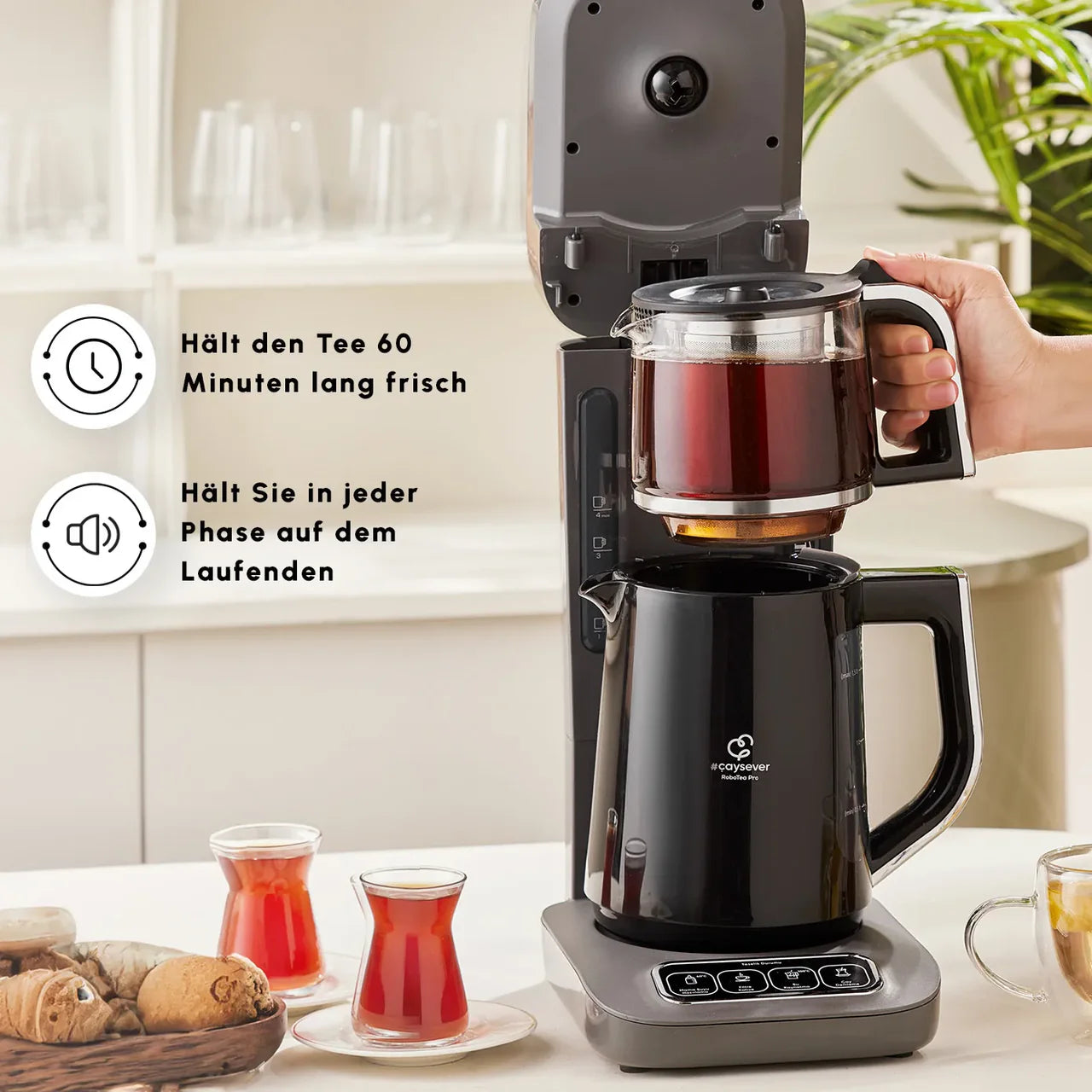 Karaca Çaysever Robotea Pro 4-in-1 sprekende automatische theezetapparaat en filterkoffiezetapparaat, grijs